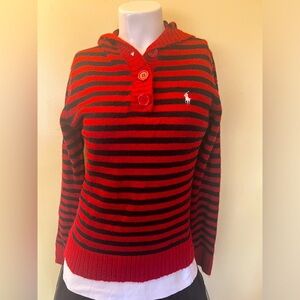Ralph Lauren, classic red and black stripe hooded  sweater w/ three button style